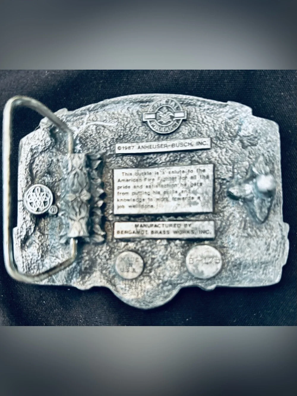 This Bud's ForYou 1987 Bergamot Belt Buckle Salute to The American Fire Fighter